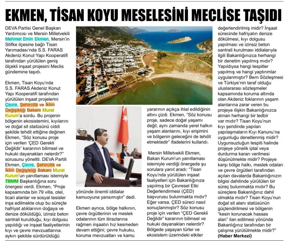 EKMEN, TİSAN KOYU MESELESİNİ MECLİSE TAŞIDI — gazete kupürü