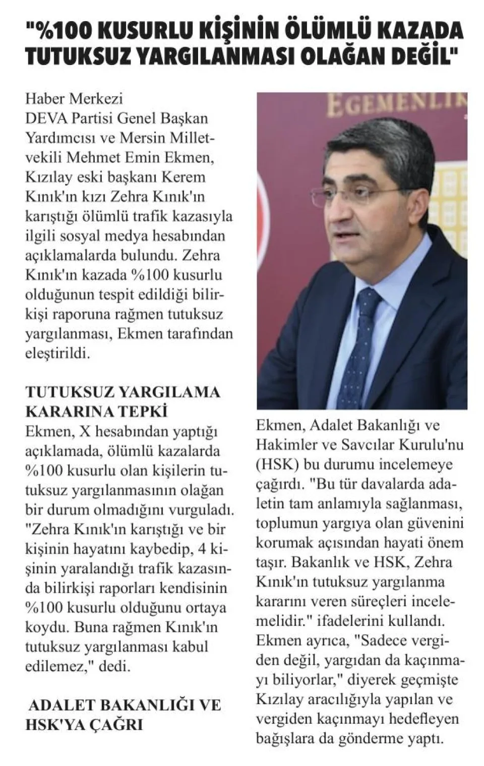 %100 KUSURLU KİŞİNİN ÖLÜMLÜ KAZADA TUTUKSUZ YARGILANMASI OLAĞAN DEĞİL" — gazete kupürü
