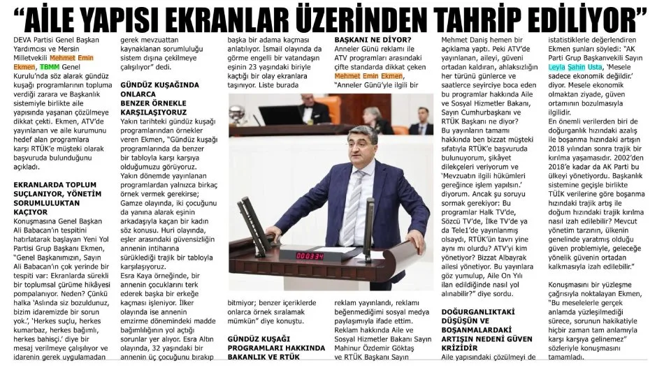 "AİLE YAPISI EKRANLAR ÜZERİNDEN TAHRİP EDİLİYOR'' — gazete kupürü
