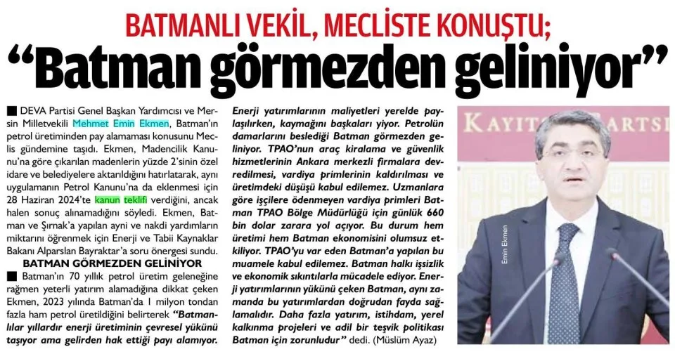 BATMANLI VEKİL , MECLİSTE KONUŞTU — gazete kupürü