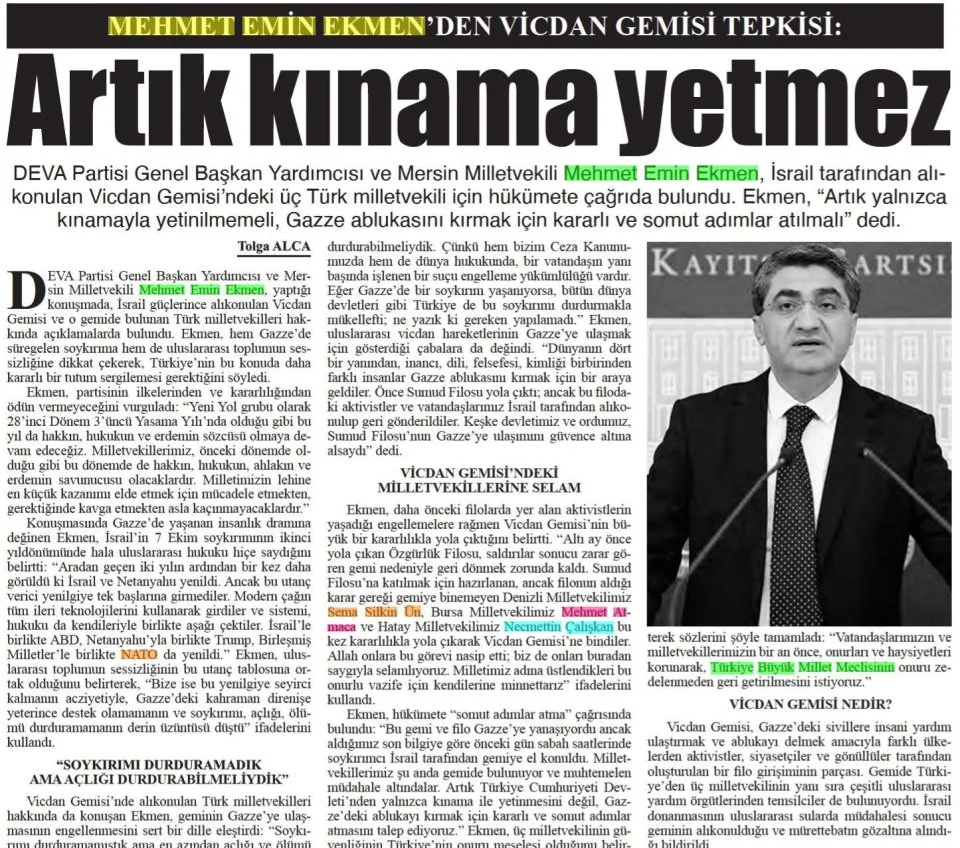 MEHMET EMİN EKMEN'DEN VİCDAN GEMİSİ TEPKİSİ: ARTIK KINAMA YETMEZ — gazete kupürü