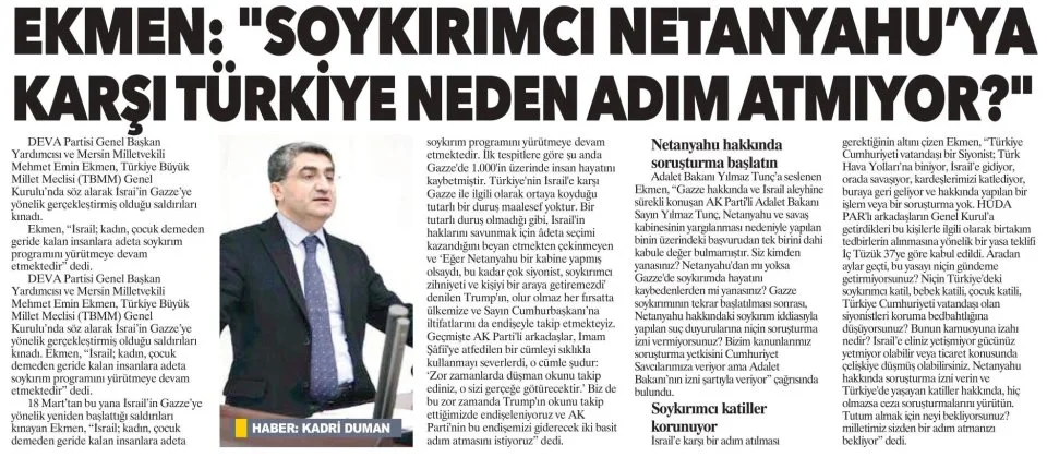 EKMEN: SOYKIRIMCI NETANYAHU YA KARŞI TÜRKİYE NEDEN ADIM ATMIYOR — gazete kupürü