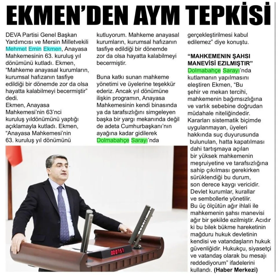 EKMENDEN AYM TEPKİSİ — gazete kupürü