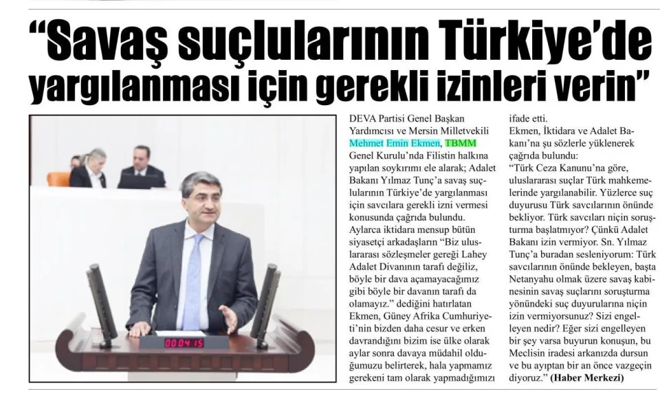 SAVAŞ SUÇLULARININ TÜRKİYE'DE YARGILANMASI İÇİN GEREKLİ İZİNLERİ VERİN — gazete kupürü