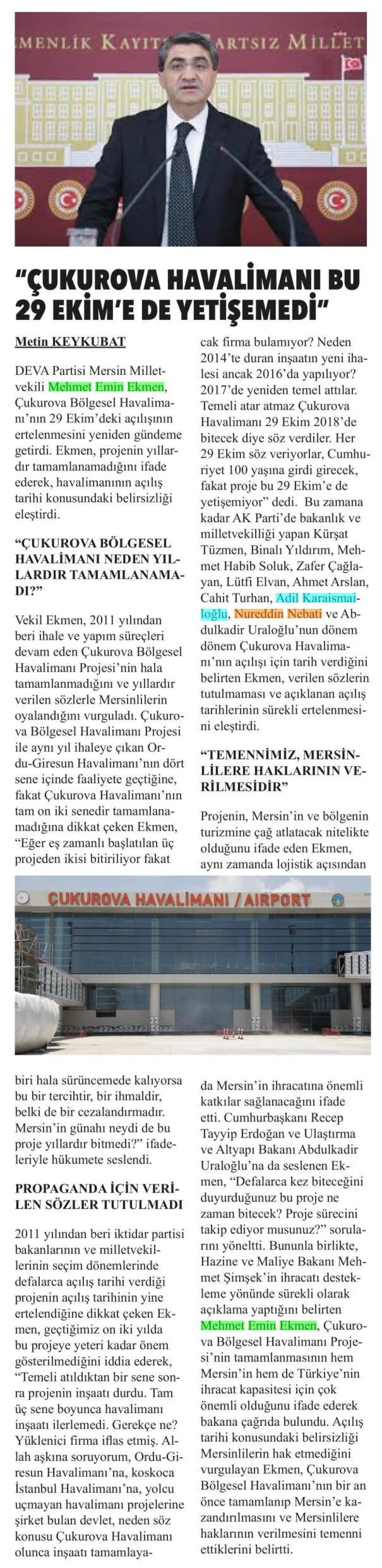 "ÇUKUROVA HAVALİMANI BU 29 EKİM'E DE YETİŞEMEDİ' — gazete kupürü
