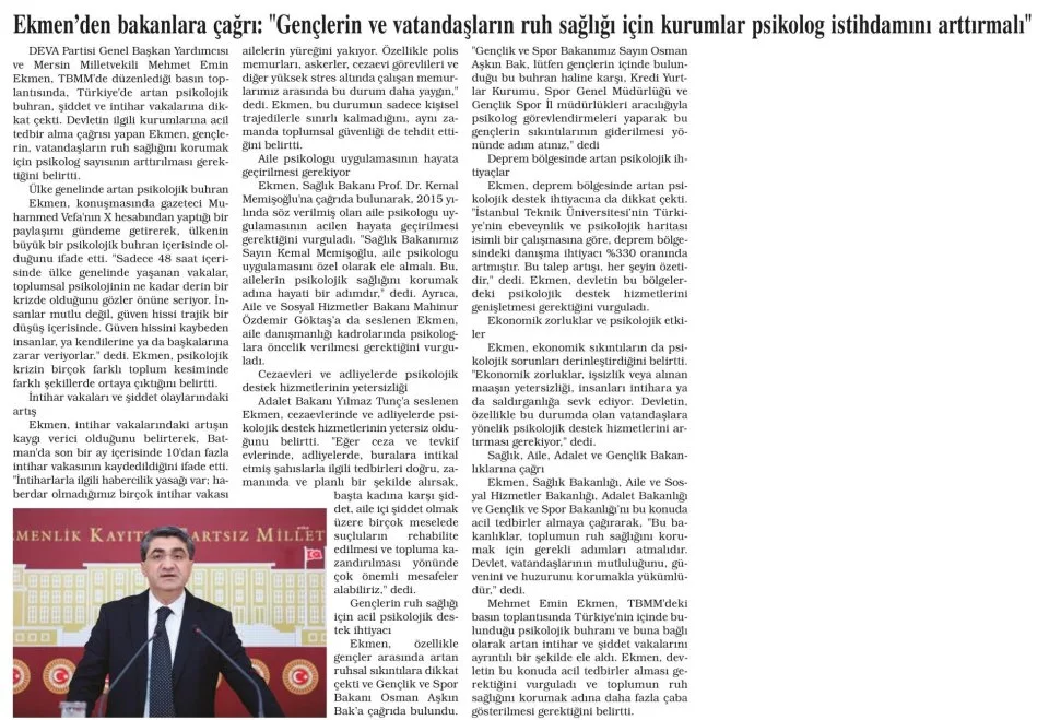EKMEN'DEN BAKANLARA ÇAĞRI — gazete kupürü