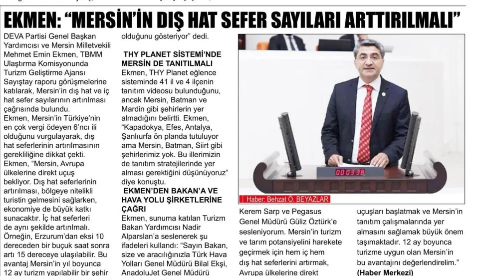 EKMEN: MERSİN'İN DIŞ HATA SAYILARI ARTIRILMALI — gazete kupürü