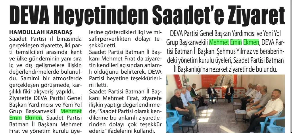 DEVA HEYETİNDEN SAADET'E ZİYARET — gazete kupürü