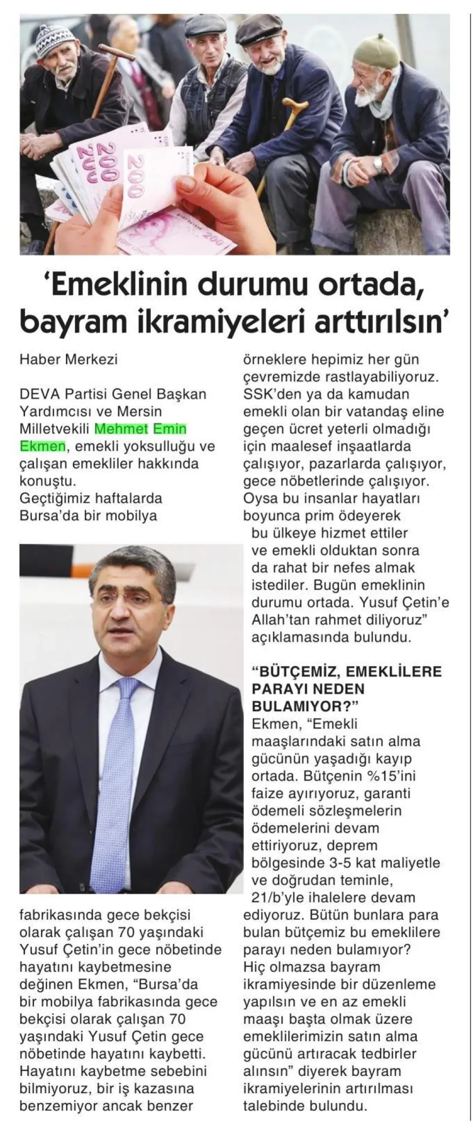 'EMEKLİNİN DURUMU ORTADA, BAYRAM İKRAMİYELERİ ARTTIRILSIN' — gazete kupürü