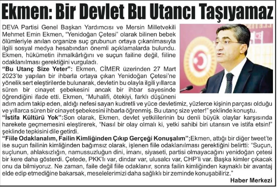 EKMEN: BİR DEVLET BU UTANCI TAŞIYAMAZ — gazete kupürü