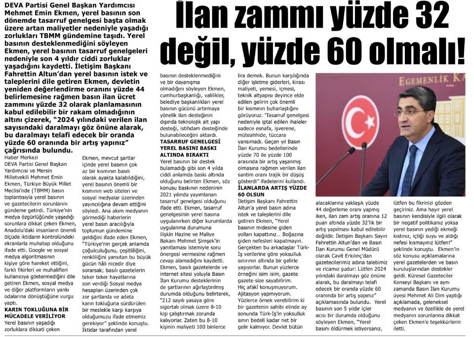 İLAN ZAMMI YÜZDE 32 DEĞİL YÜZDE 60 OLMALI — gazete kupürü