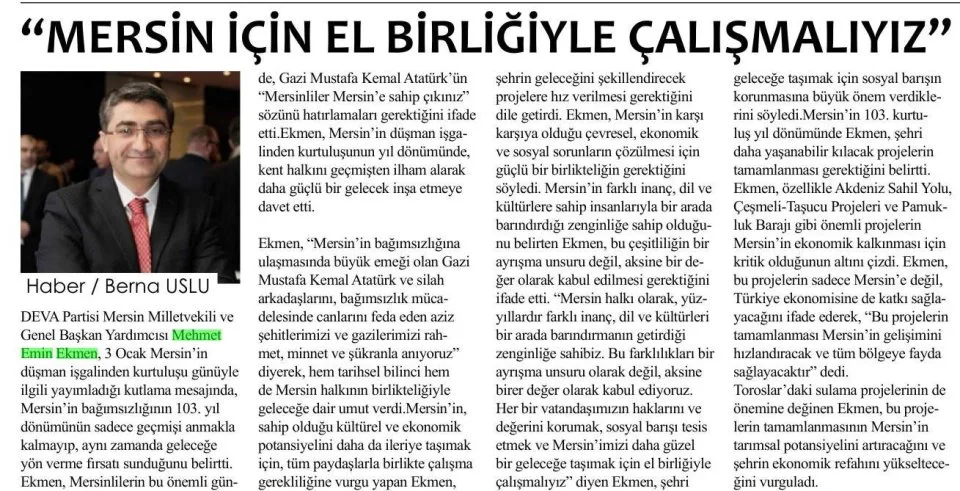 "MERSİN İÇİN EL BİRLİĞİYLE ÇALIŞMALIYIZ" — gazete kupürü
