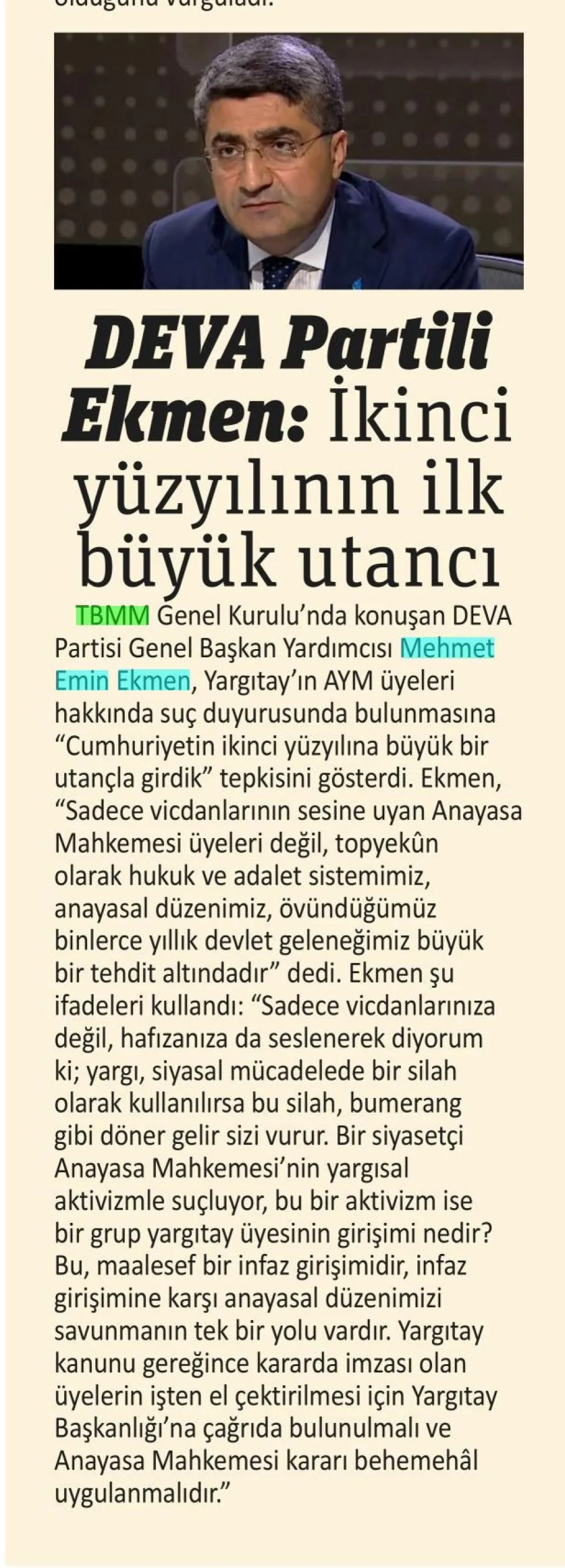 DEVA PARTİLİ EKMEN: İKİNCİ YÜZYILININ İLK BÜYÜK UTANCI — gazete kupürü