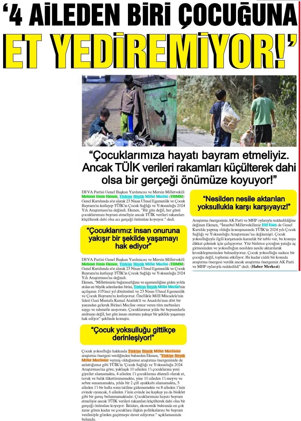 '4 AİLEDEN BİRİ ÇOCUĞUNA ET YEDİREMİYOR!' — gazete kupürü