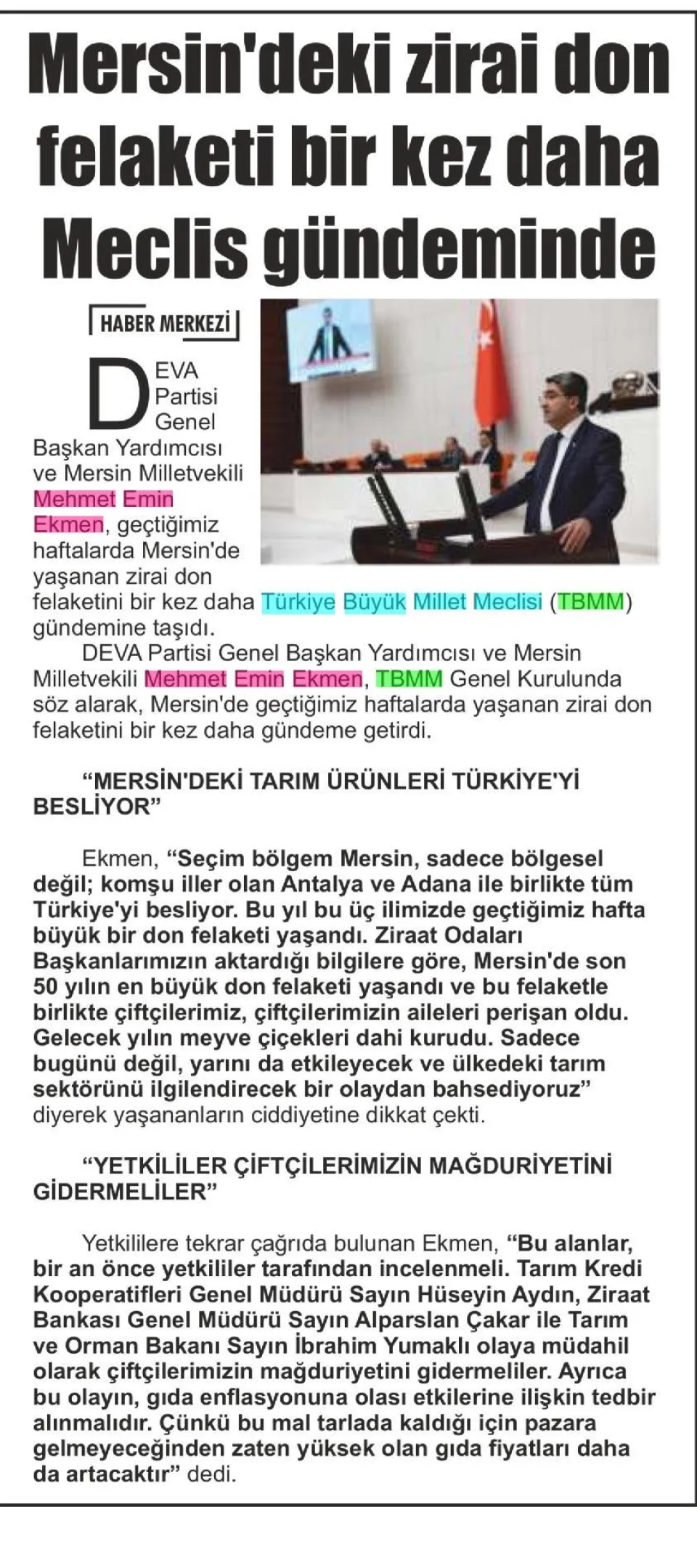 MERSİN'DEKİ ZİRAİ DON FELAKETİ BİR KEZ DAHA MECLİS GÜNDEMİNDE — gazete kupürü