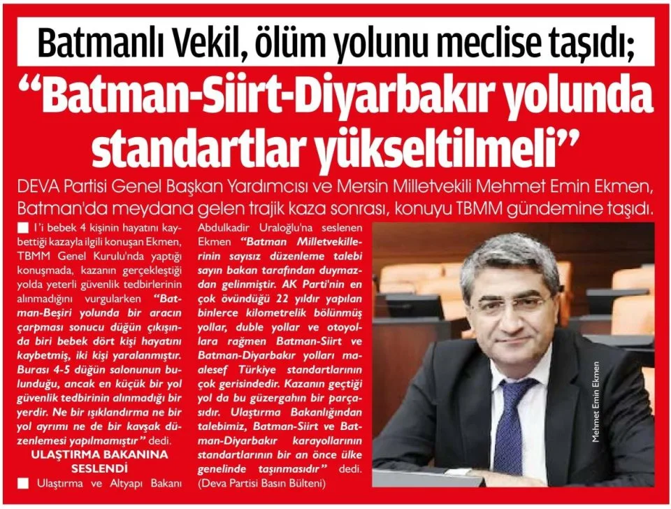 BATMANLI VEKİL, ÖLÜM YOLUNU MECLİSE TAŞIDI — gazete kupürü