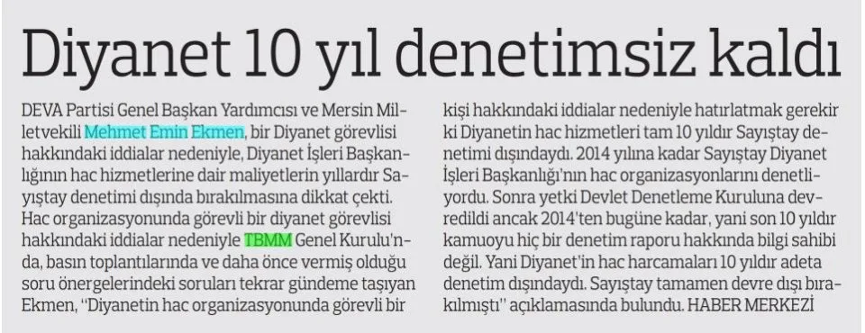 DİYANET 10 YIL DENETİMSİZ KALDI — gazete kupürü