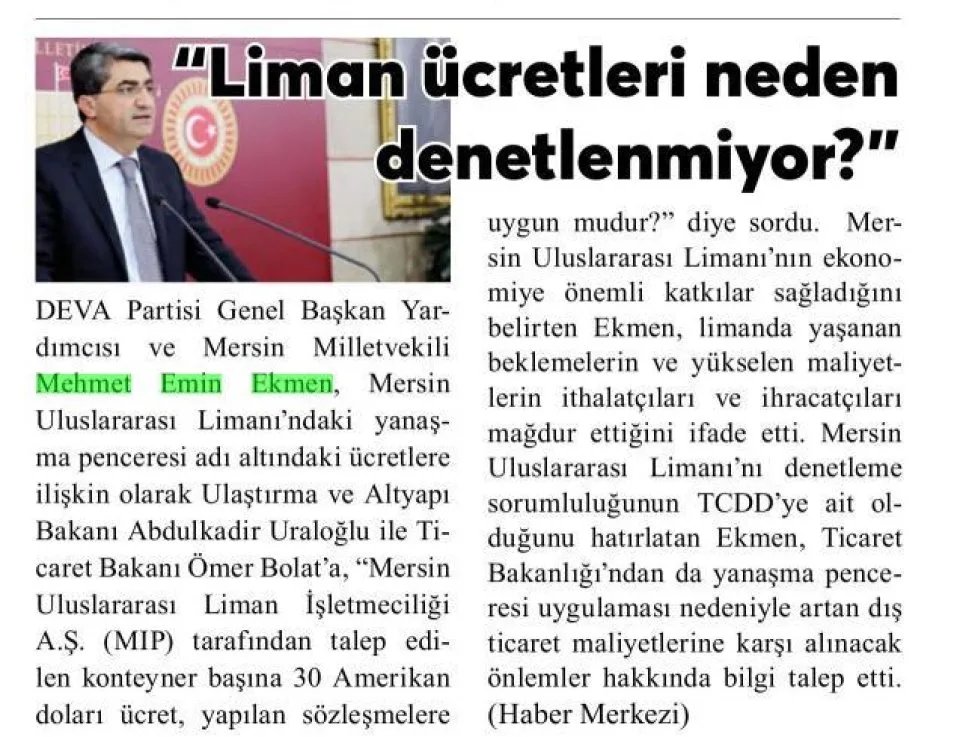 LİMAN ÜCRETLERİ NEDEN DENETLENMİYOR? — gazete kupürü