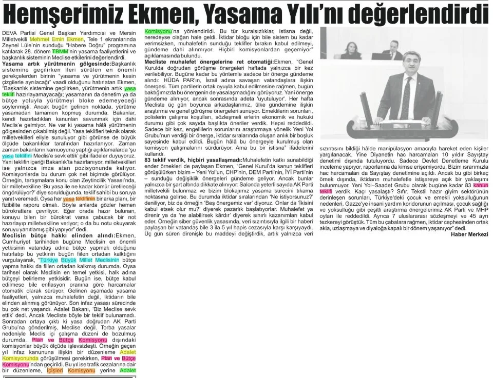HEMŞERİMİZ EKMEN, YASAMA YILINI DEĞERLENDİRDİ — gazete kupürü
