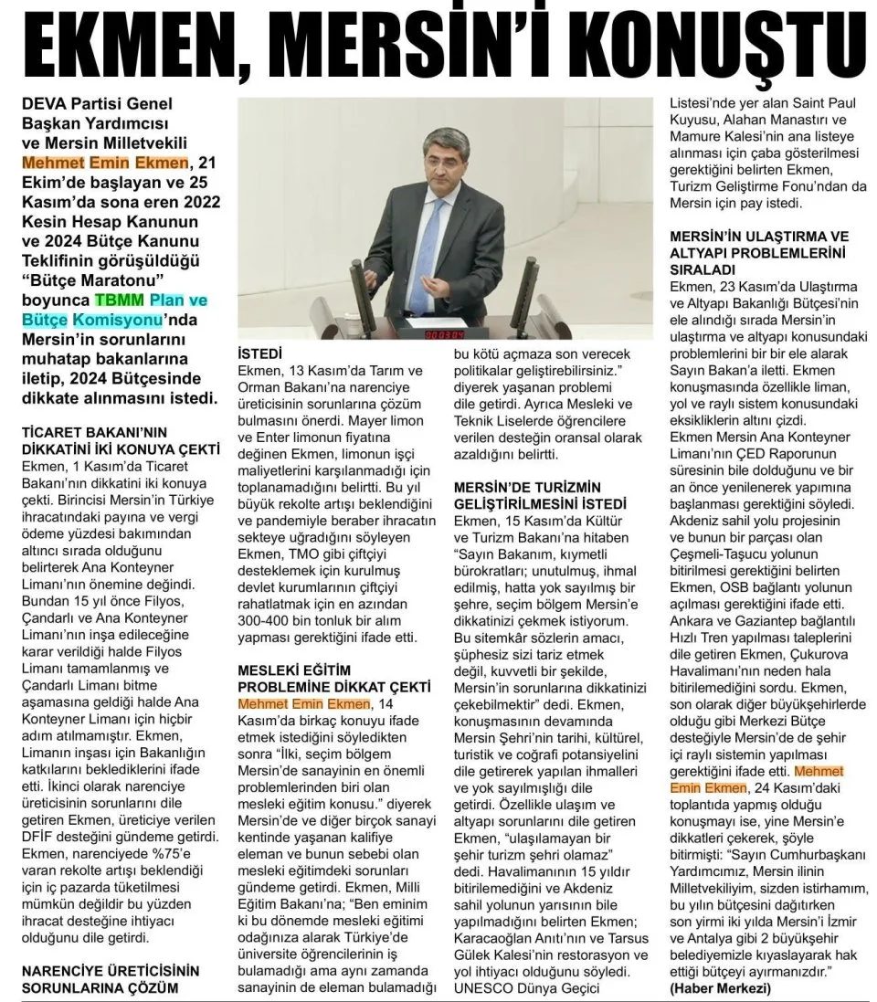 EKMEN, MERSİNİ KONUŞTU — gazete kupürü