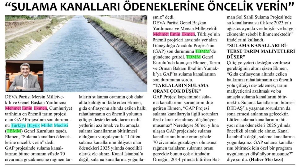 "SULAMA KANALLARI ÖDENEKLERİNE ÖNCELİK VERİN" — gazete kupürü