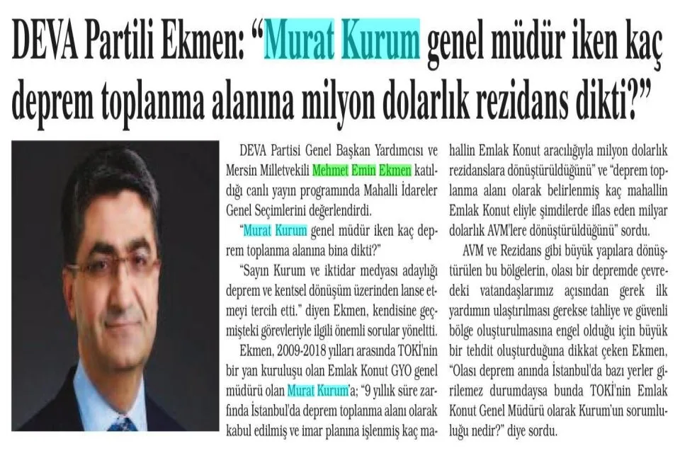 DEVA PARTİLİ EKMEN — gazete kupürü