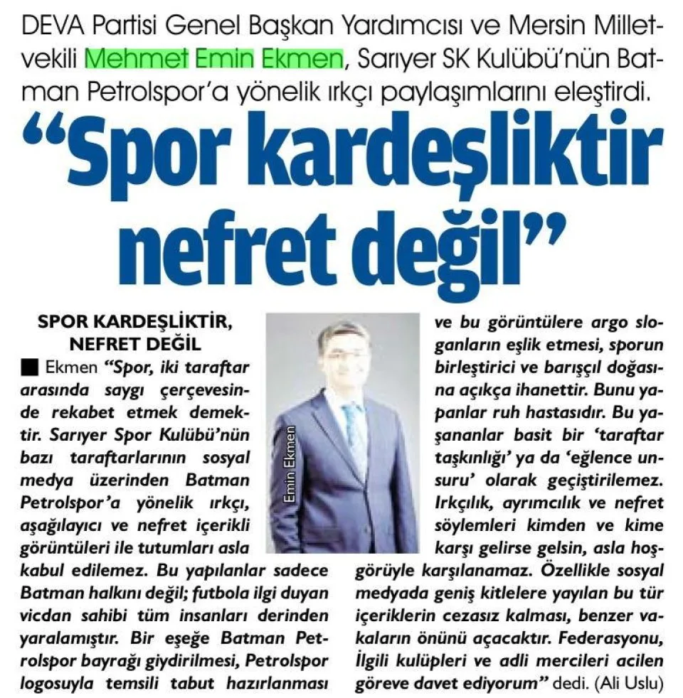"SPOR KARDEŞLİKTİR NEFRET DEĞİL" — gazete kupürü
