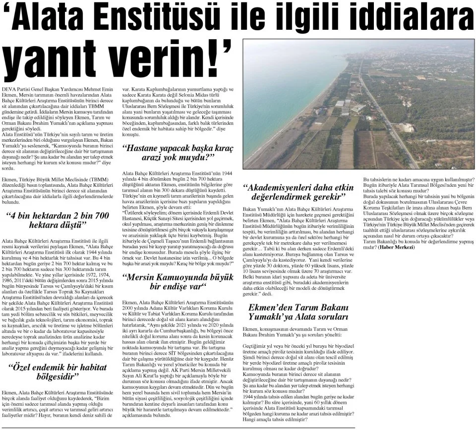 'ALATA ENSTİTÜSÜ İLE İLGİLİ İDDİALARA YANIT VERİN!' — gazete kupürü