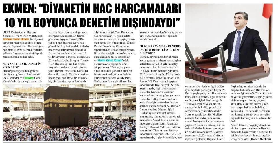EKMEN: "DİYANETİN HAC HARCAMALARI 10 YIL BOYUNCA DENETİM DIŞINDAYDI" — gazete kupürü