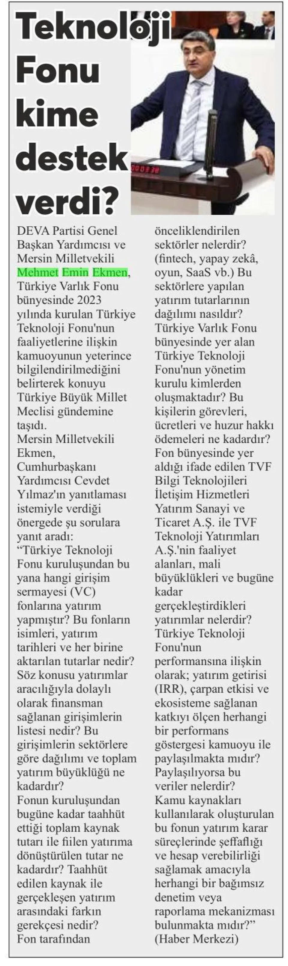 TEKNOLOJİ FONU KİME DESTEK VERDİ? — gazete kupürü