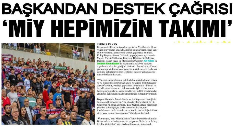 BAŞKANDAN DESTEK ÇAĞRISI 'MİY HEPİMİZİN TAKIMI' — gazete kupürü