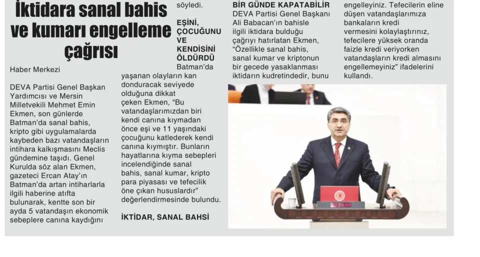 İKTİDARA SANAL BAHİS VE KUMARI ENGELLEME — gazete kupürü