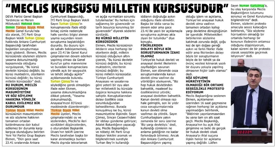 "MECLİS KÜRSÜSÜ MİLLETİN KÜRSÜSÜDÜR" — gazete kupürü