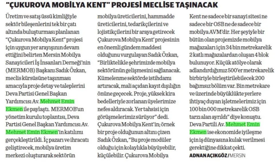 'ÇUKUROVA MOBİLYA KENT" PROJESİ MECLİSE TAŞINACAK — gazete kupürü