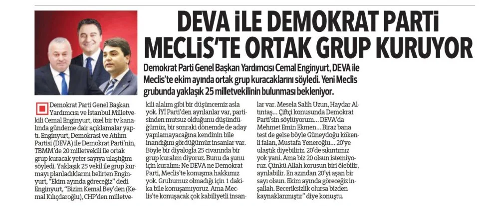 DEVA İLE DEMOKRAT PARTİ MECLİSTE ORTAK GRUP KURUYOR — gazete kupürü
