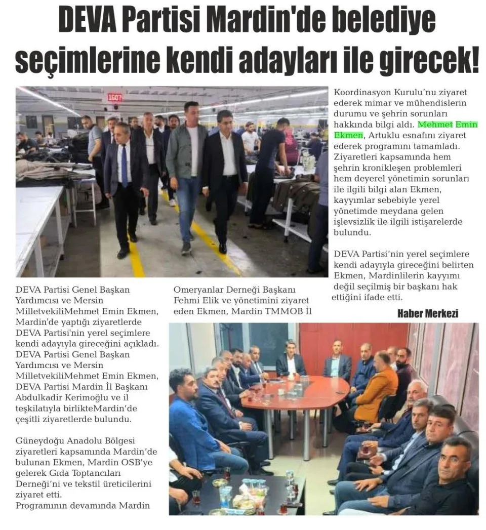 DEVA PARTİSİ MARDİN'DE BELEDİYE SEÇİMLERİNE KENDİ ADAYLARI İLE GİRECEK! — gazete kupürü
