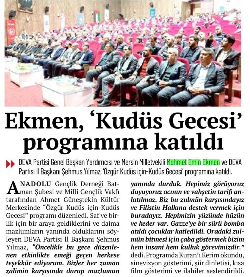 EKMEN, 'KUDÜS GECESİ* PROGRAMINA KATILDI — gazete kupürü