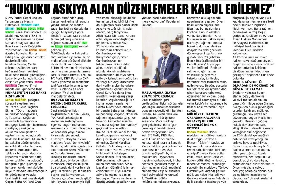 "HUKUKU ASKIYA ALAN DÜZENLEMELER KABUL EDİLEMEZ" — gazete kupürü