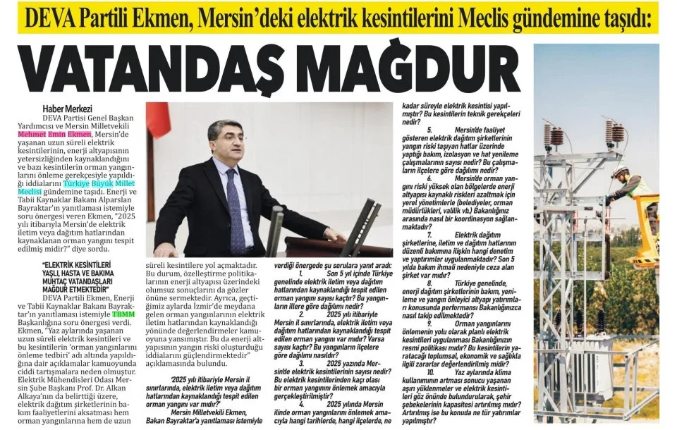 DEVA PARTİLİ EKMEN, MERSİN'DEKİ ELEKTRİK KESİNTİLERİNİ MECLİS GÜNDEMİNE TAŞIDI — gazete kupürü