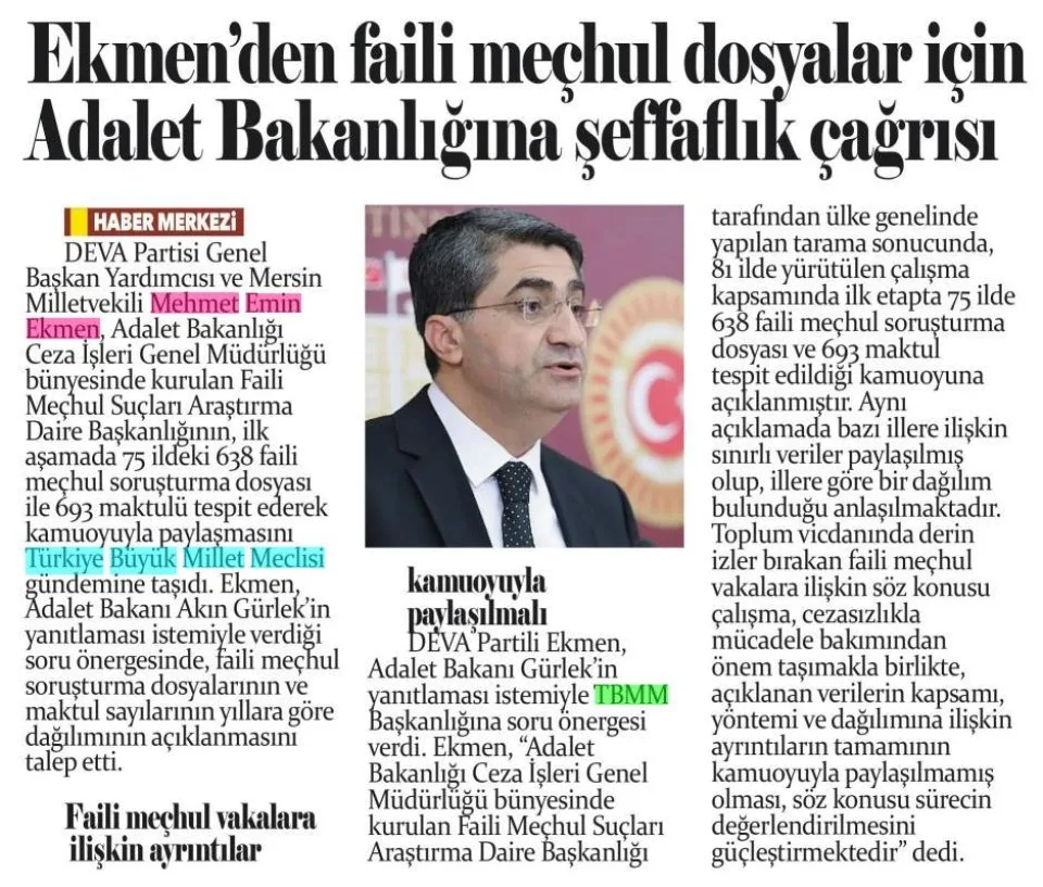 EKMEN'DEN FAİLİ MEÇHUL DOSYALAR İÇİN ADALET BAKANLIĞI'NA ŞEFFAFLIK ÇAĞRISI — gazete kupürü