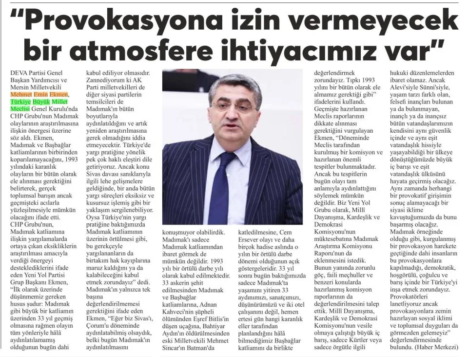 ''PROVOKASYONA İZİN VERMEYECEK BİR ATMOSFERE İHTİYACIMIZ VAR" — gazete kupürü