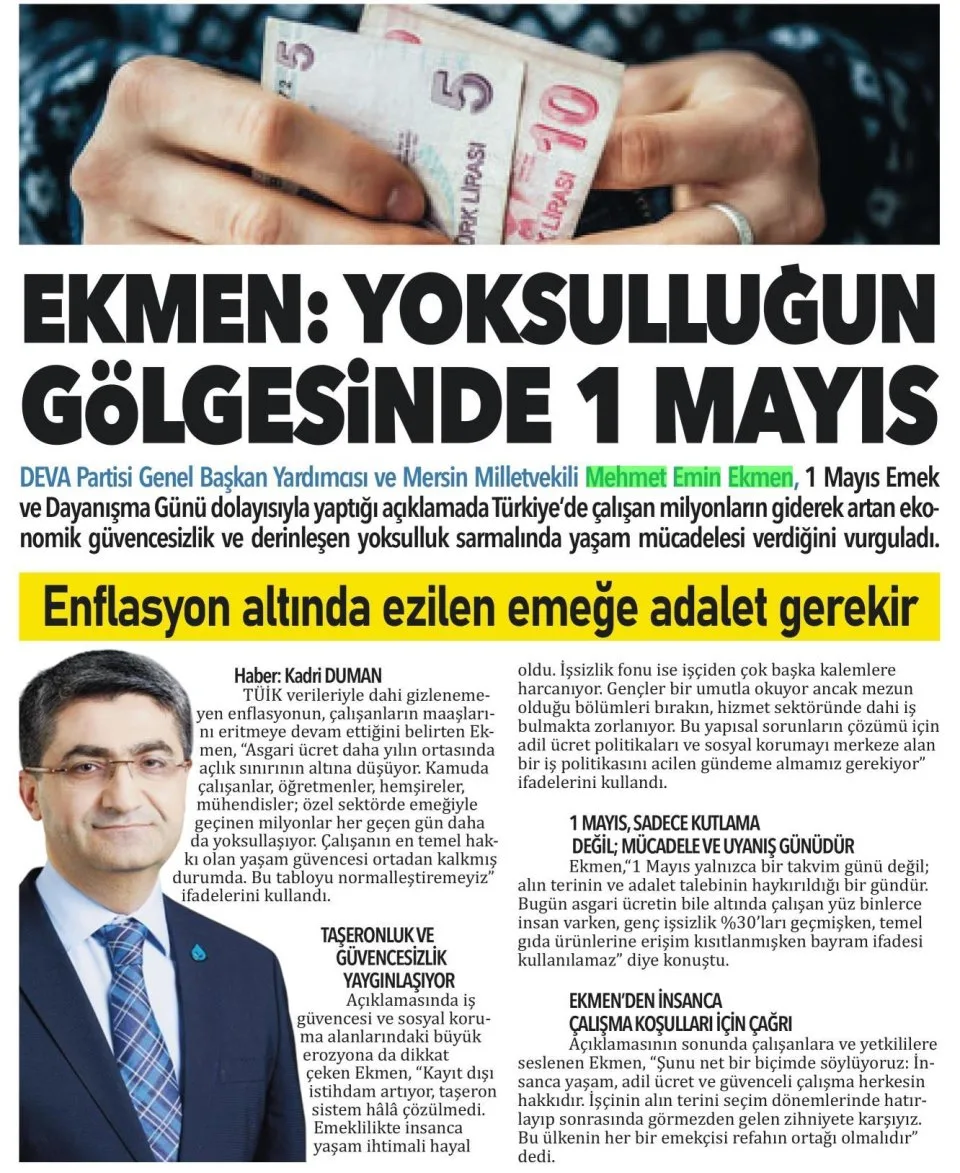 EKMEN: YOKSULLUĞUN GÖLGESİNDE 1 MAYIS — gazete kupürü