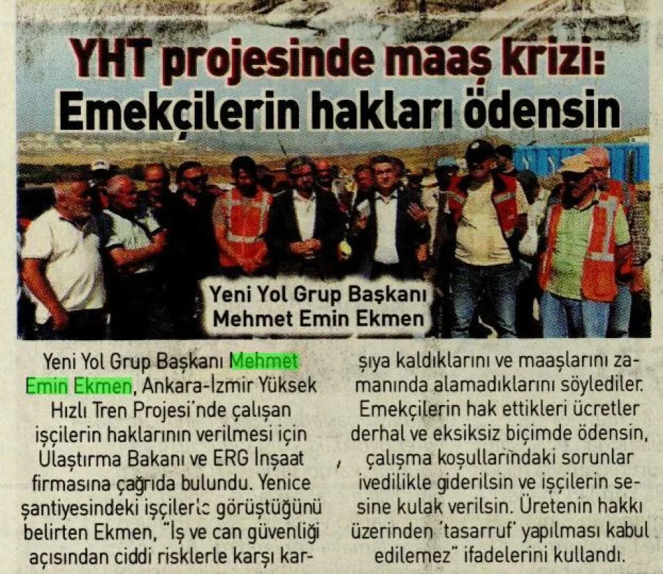 YHT PROJESİNDE MAAŞ KRİZİ — gazete kupürü
