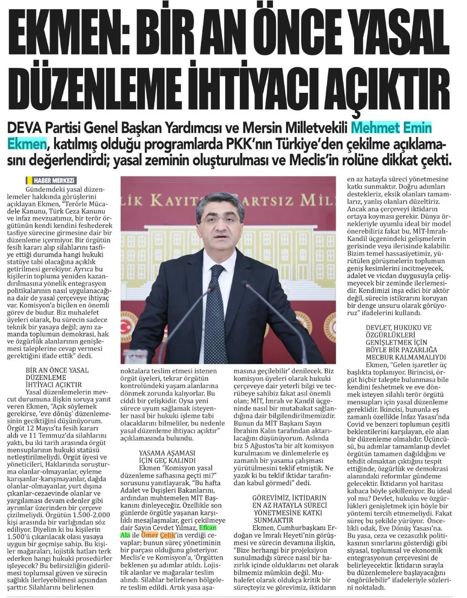 EKMEN: BİR AN ÖNCE YASAL DÜZENLEME İHTİYACI AÇIKTIR — gazete kupürü