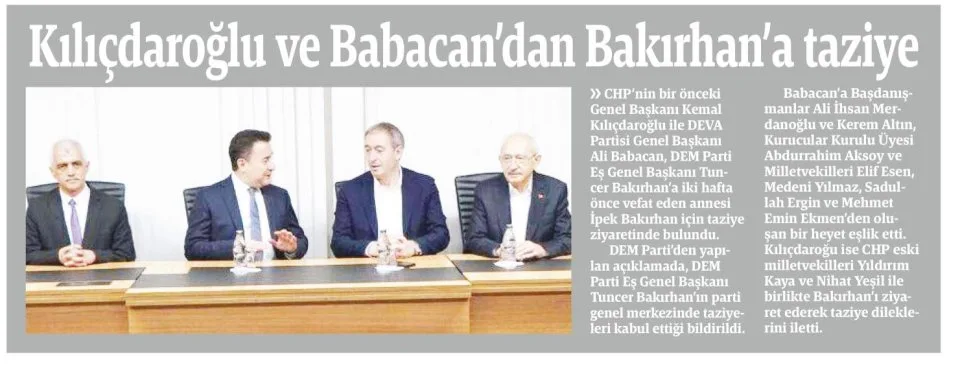 KILIÇDAROĞLU VE BABACAN'DAN BAKIRHAN'A TAZİYE — gazete kupürü