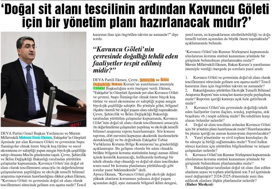 'DOĞAL SİT ALANI TESCİLİNİN ARDINDAN KAVUNCU GÖLETİ İÇİN BİR YÖNETİM PLANI HAZIRLANACAK MIDIR?' — gazete kupürü