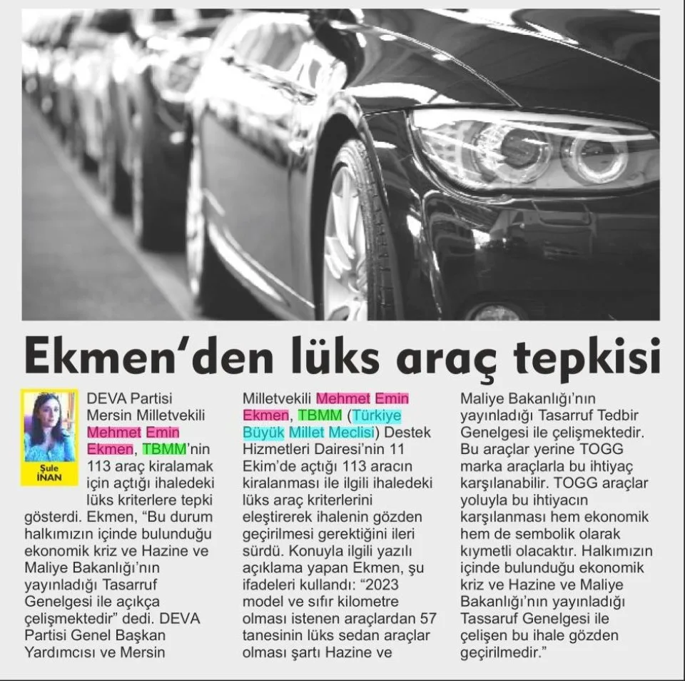 EKMEN'DEN LÜKS ARAÇ TEPKİSİ — gazete kupürü