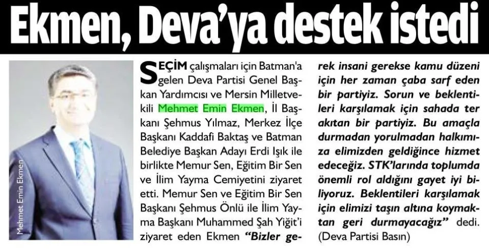 EKMEN, DEVA'YA DESTEK İSTEDİ — gazete kupürü