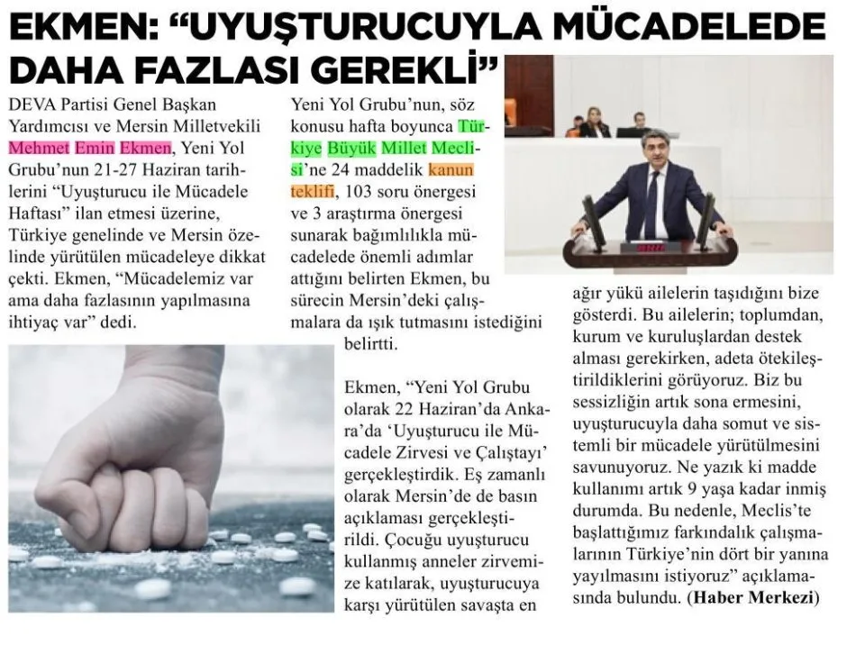"UYUŞTURUCUYLA MÜCADELEDE DAHA FAZLASI GEREKLİ" — gazete kupürü