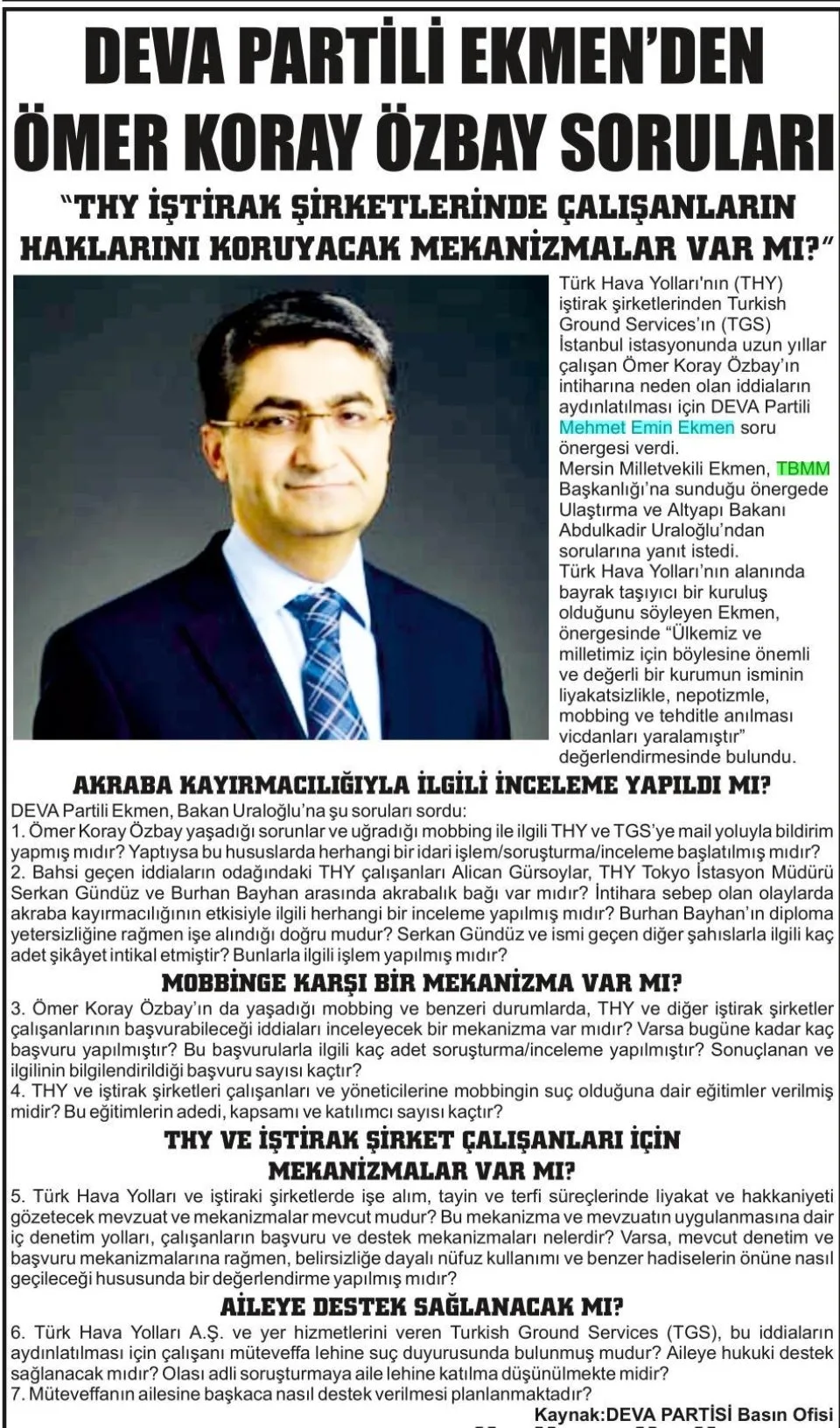 DEVA PARTİLİ EKMENDEN ÖMER KODAY ÖZDAY SORULARI — gazete kupürü
